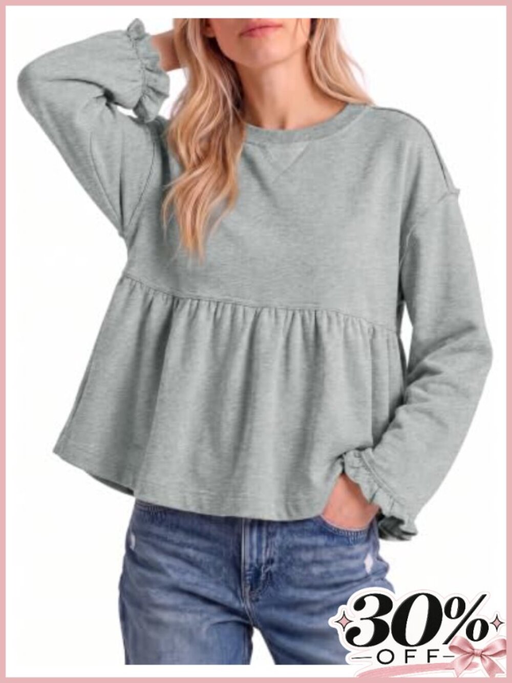 Peplum Sweatshirt Crewneck Long Sleeve Babydoll Top Lace Ruffle Hem
